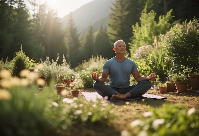 People engaging in yoga, gardening, hiking, painting, and reading outdoors. A mix of physical and mindful activities in a sunny, natural setting