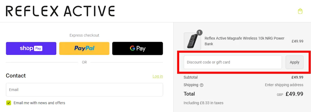 Screenshot showing where to apply a Reflex Active promo code during checkout on www.reflex-active.com.