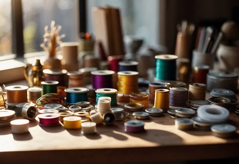 A table covered in colourful craft supplies, with a variety of DIY projects in progress. Sunlight streams through a window, casting warm shadows on the handmade creations