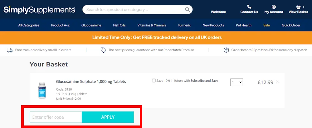 Screenshot showing where to apply a Simply Supplements code on www.simplysupplements.co.uk