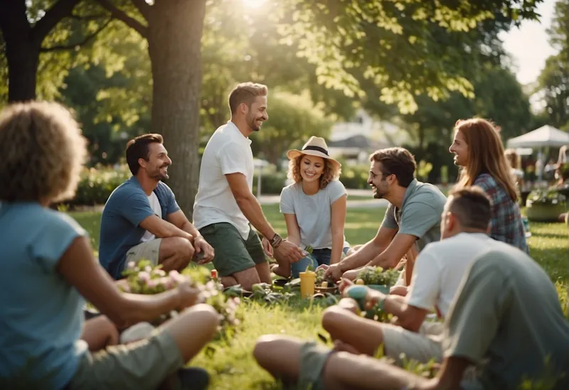 A group of people gather in a park, engaging in various affordable summer hobbies such as gardening, painting, playing music, and exercising together. Laughter and conversations fill the air as the community comes together to enjoy the warm weather
