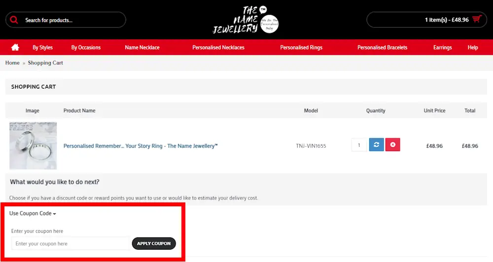 Screenshot showing where to apply a The Name Jewellery discount code during checkout on thenamejewellery.co.uk.