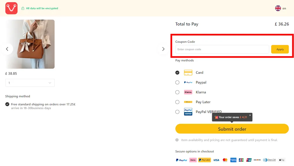 Instructions on where to enter our Voghion voucher code at checkout.