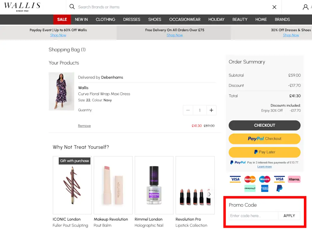 Instructions how to enter a discount code for Wallis on www.wallis.co.uk