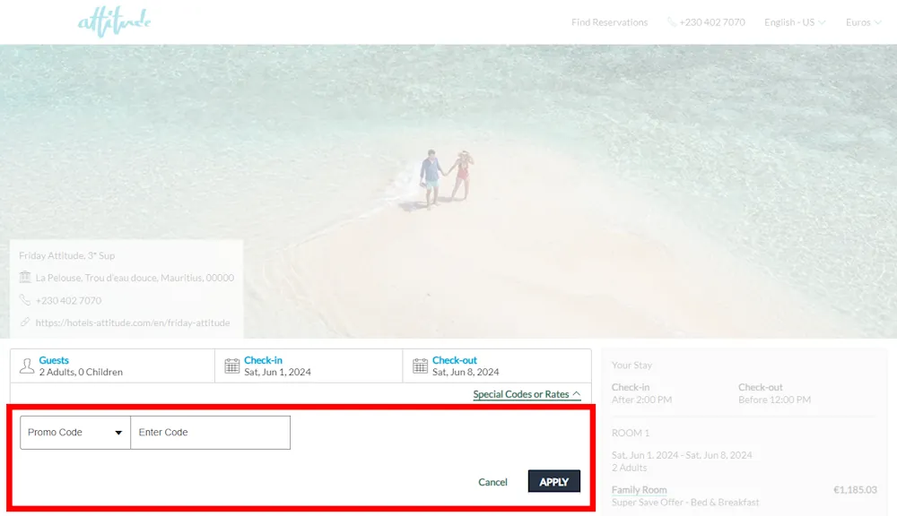 Screenshot showing where to apply a Attitude Hotels promo code during checkout on hotels-attitude.com.