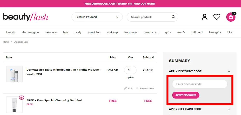Screenshot of where to enter a Beauty Flash discount code on beautyflash.co.uk.