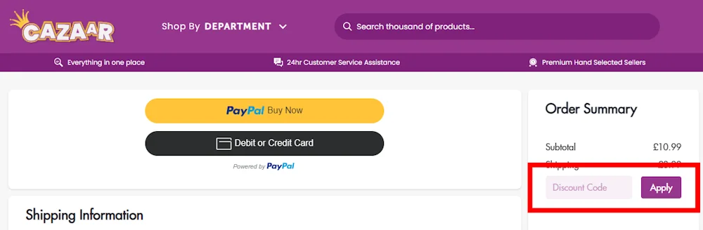 Screenshot showing where to apply a Cazaar promo code during checkout on cazaar.co.uk.