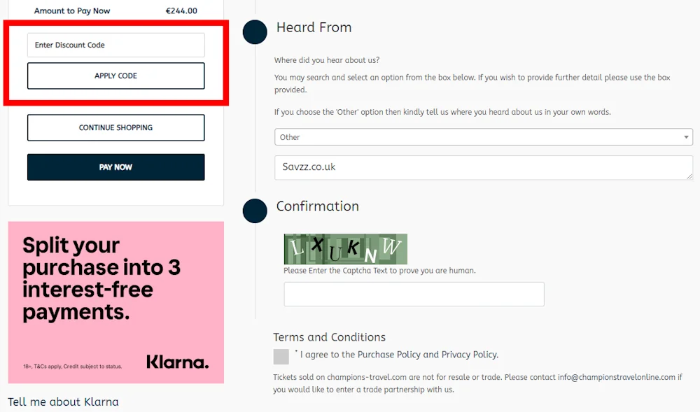 Screenshot showing where to apply a Champions Travel promo code during checkout on champions-travel.com.