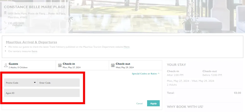 Screenshot showing where to apply a Constance Hotels & Resorts promo code during checkout on www.constancehotels.com.