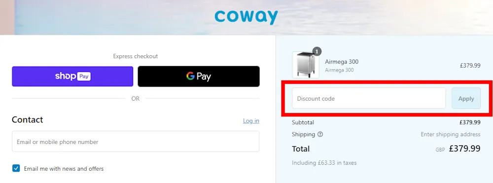 Screenshot showing where to apply a Coway discount code during checkout on en.coway.com