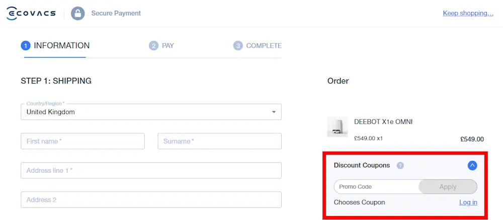 Screenshot showing where to apply a ecovacs promo code during checkout on www.ecovacs.com/uk.