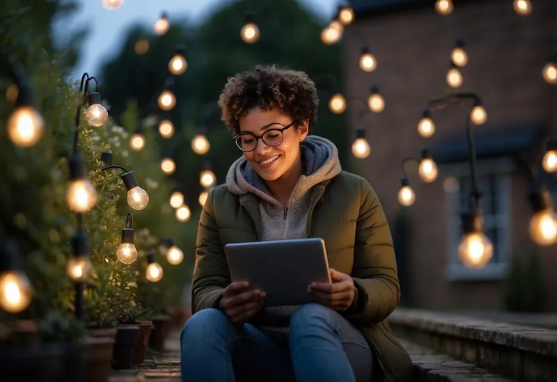 A person using discount codes to buy outdoor lighting in the UK, with a focus on maximizing savings