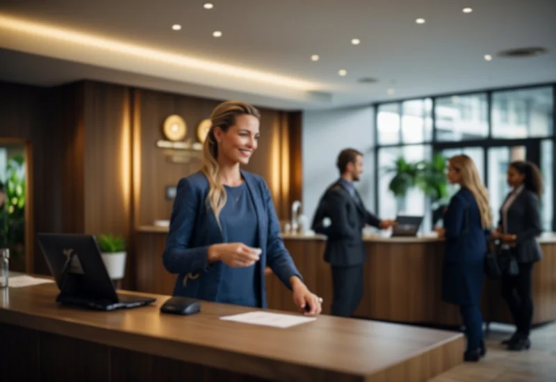 A traveller enters a UK hotel, presenting a discount code at check-in. The receptionist applies the code, and the traveller smiles, satisfied with the value maximized on their accommodation booking
