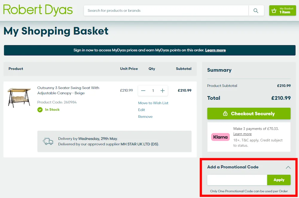 Screenshot showing where to apply a Robert Dyas promo code during checkout on www.robertdyas.co.uk.