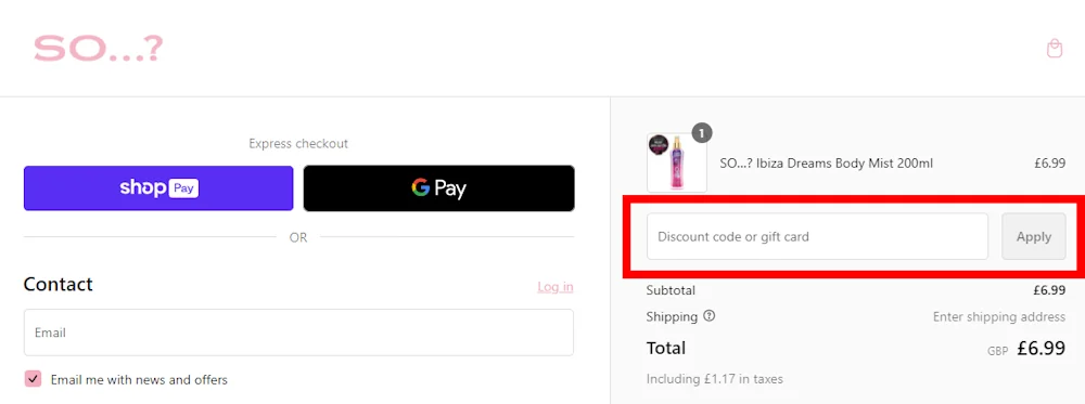 Screenshot of where to enter a So Fragrance discount code on sofragrance.com
