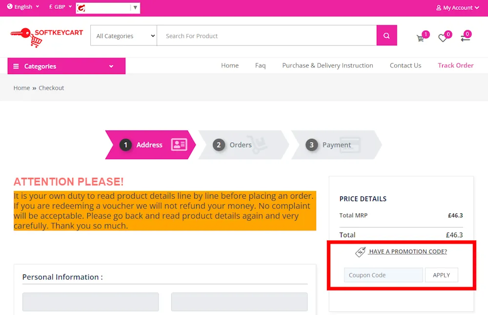 Image on where to enter a Softkeycart voucher code on softkeycart.com