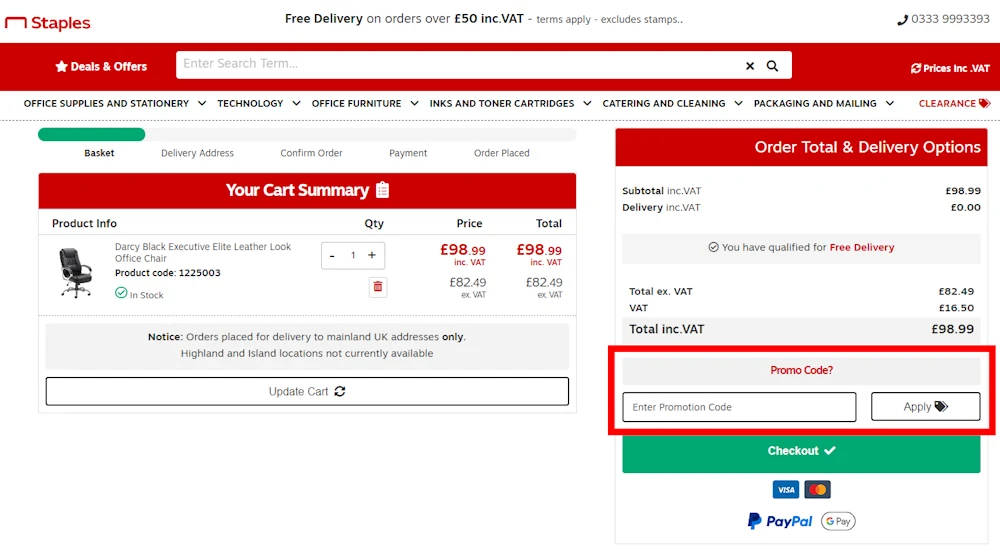 Screenshot showing where to apply a Staples promo code during checkout on www.staples.co.uk