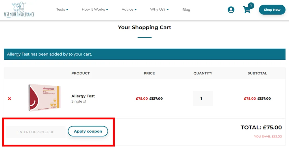 Image on where to enter a Test Your Intolerance voucher code on www.testyourintolerance.com
