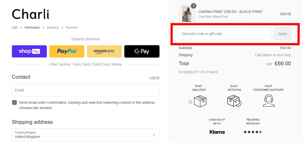 Screenshot showing where to apply a Charli promo code during checkout on www.charli.com.