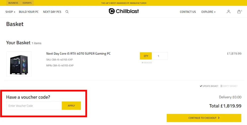 Screenshot showing where to apply a Chillblast promo code during checkout on www.chillblast.com.