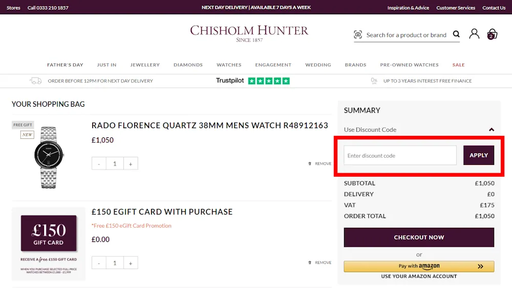Screenshot showing where to apply a Chisholm Hunter promo code at checkout on www.chisholmhunter.co.uk