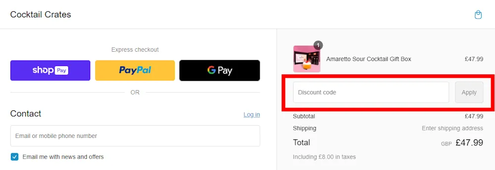 Screenshot showing where to apply a Cocktail Crates promo code during checkout on cocktailcrates.co.uk.