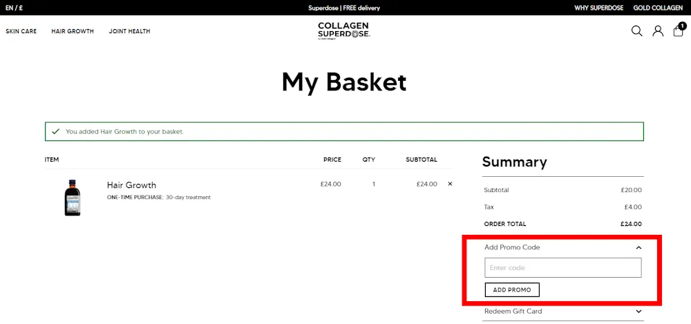 Screenshot showing where to apply a Collagen Superdose promo code during checkout on collagensuperdose.com.