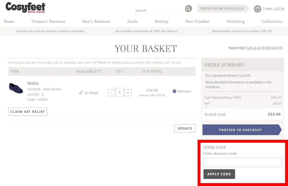 Screenshot showing where to apply a Cosyfeet promo code during checkout on www.cosyfeet.com.