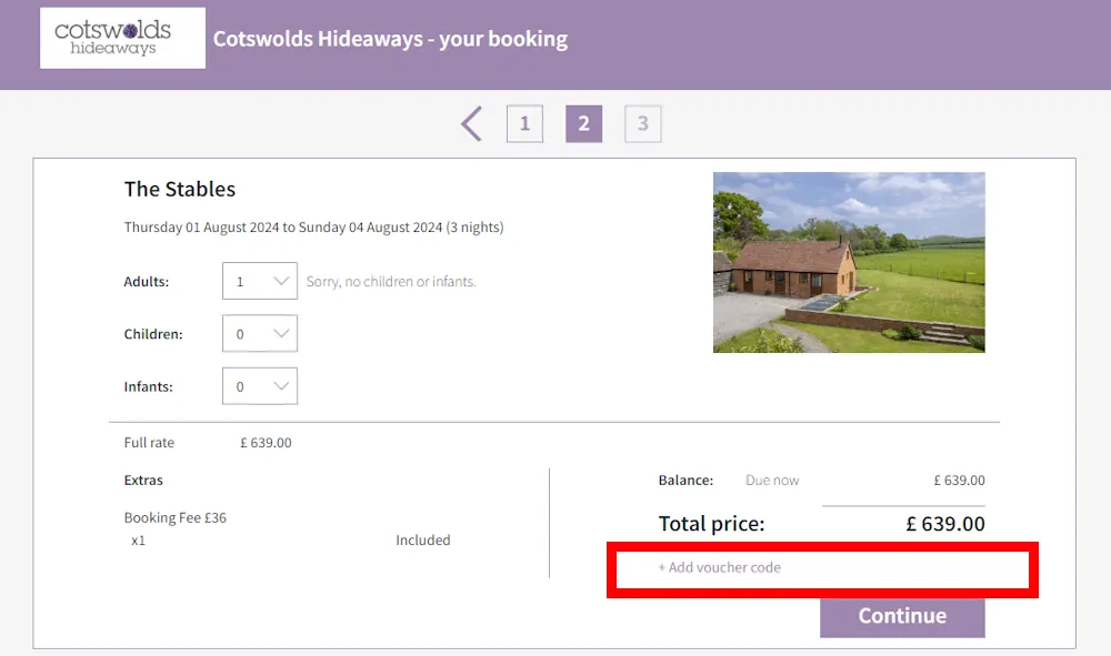 Screenshot showing where to apply a Cotswolds Hideaways promo code during checkout on www.cotswoldshideaways.co.uk.
