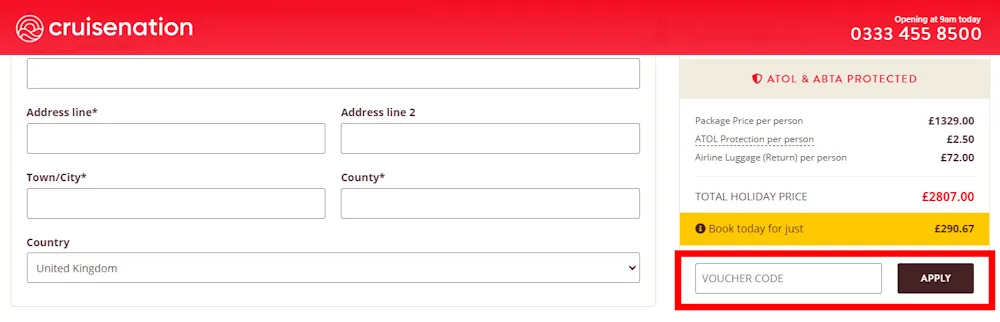 Screenshot showing where to apply a Cruise Nation promo code during checkout on www.cruisenation.com.