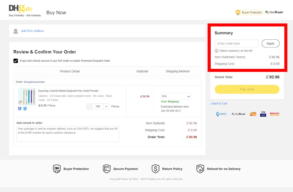 How to enter a DHgate discount code at checkout on www.dhgate.com