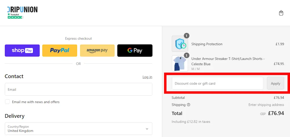 Screenshot showing where to apply a  Drip Union promo code during checkout on dripunion.com.