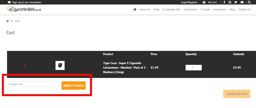 Screenshot how to enter a E Cigarette Web discount code on ecigaretteweb.co.uk
