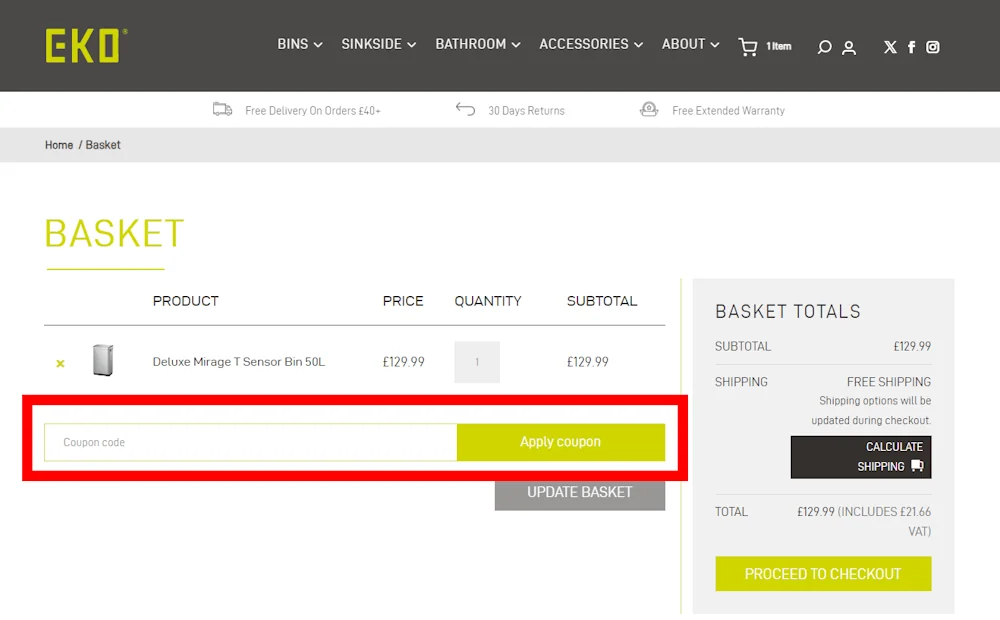 Screenshot of where to put a EKO Home voucher code on ekohome.co.uk