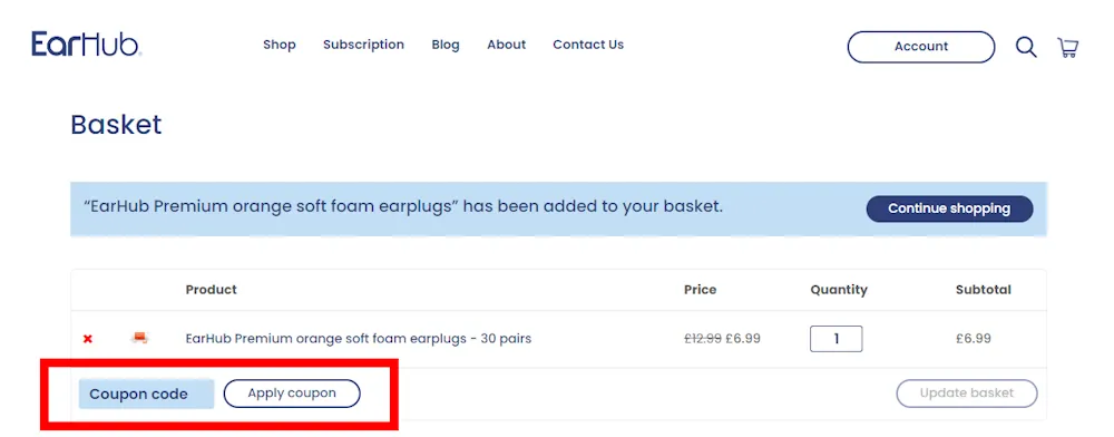 Screenshot showing where to apply a EarHub discount code during checkout on www.ear-hub.com.