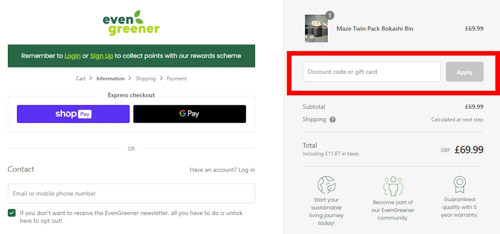 Screenshot of where to put our EvenGreener discount code on evengreener.com