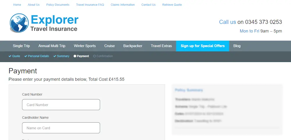 Screenshot showing where to apply a Explorer Travel Insurance promo code during checkout on www.explorerinsurance.co.uk.