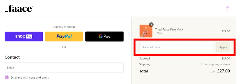 Screenshot showing where to apply a Faace promo code during checkout on www.wearefaace.com.