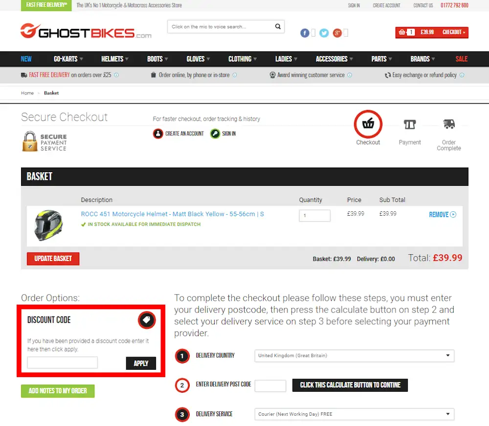 Screenshot showing where to apply a GhostBikes promo code during checkout on www.ghostbikes.com.