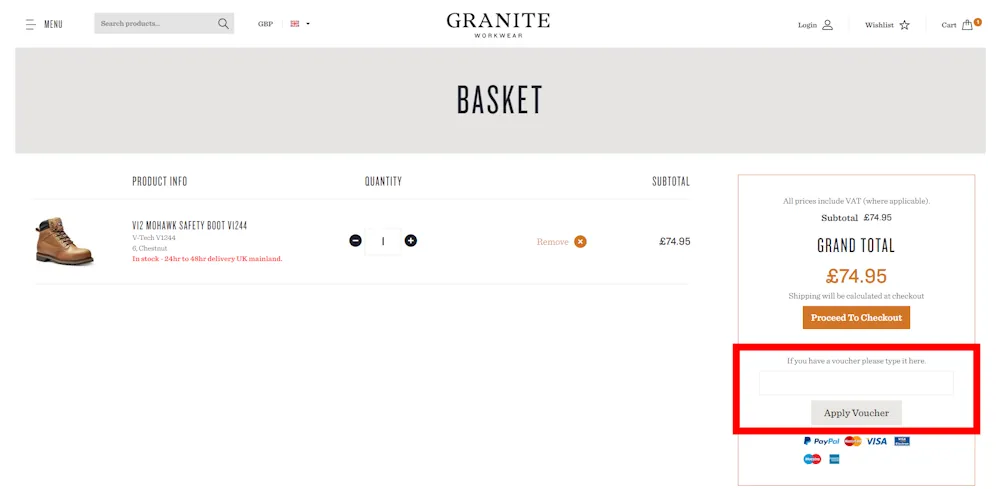 Screenshot of where to put a Granite Workwear voucher code on www.graniteworkwear.com