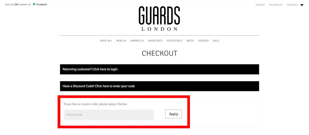 Screenshot showing where to apply a Guards London discount code during checkout on www.guardslondon.com.