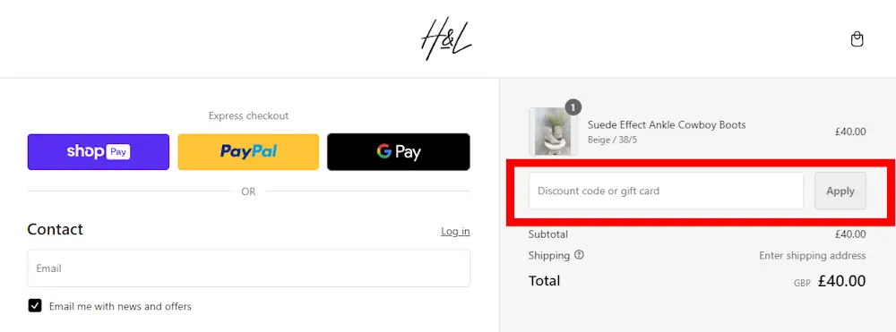 Screenshot of how to use a H&L Fashions voucher code on www.hlfashions.co.uk