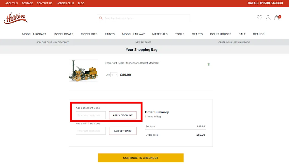 Screenshot of where to enter a Hobbies voucher code on www.hobbies.co.uk