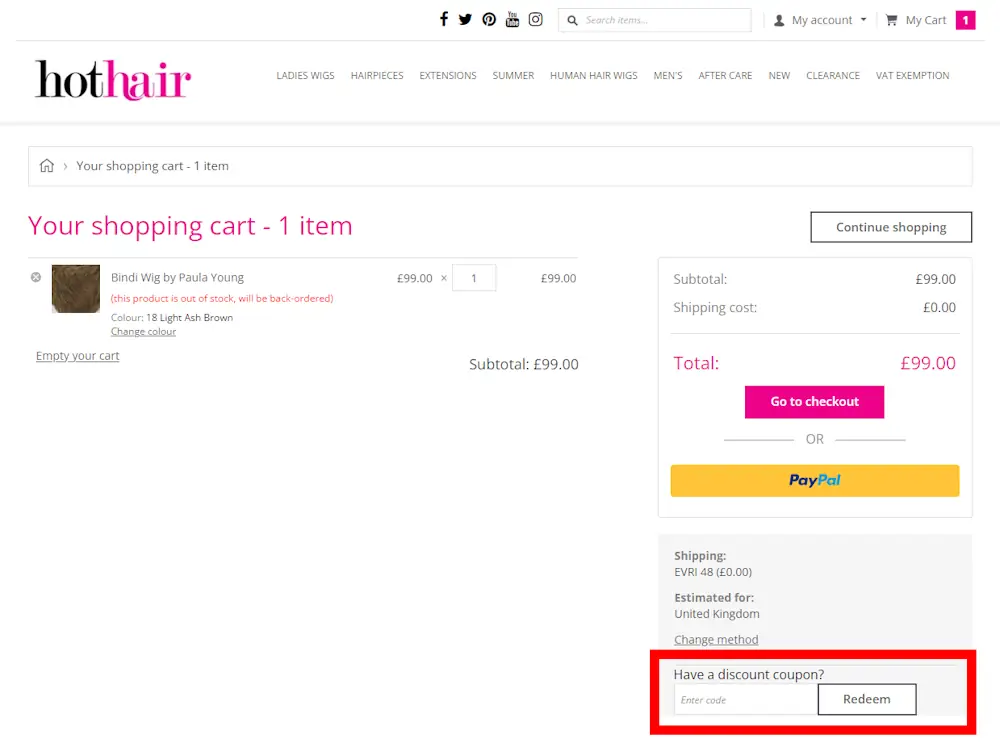 Screenshot showing where to apply a Hothair promo code during checkout on www.hothair.co.uk.
