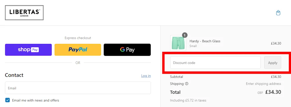 Screenshot showing where to apply a Libertas London promo code during checkout on libertas-london.com.