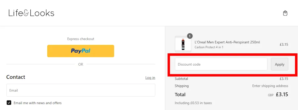 Screenshot showing where to apply a Life & Looks discount code during checkout on lifeandlooks.com.