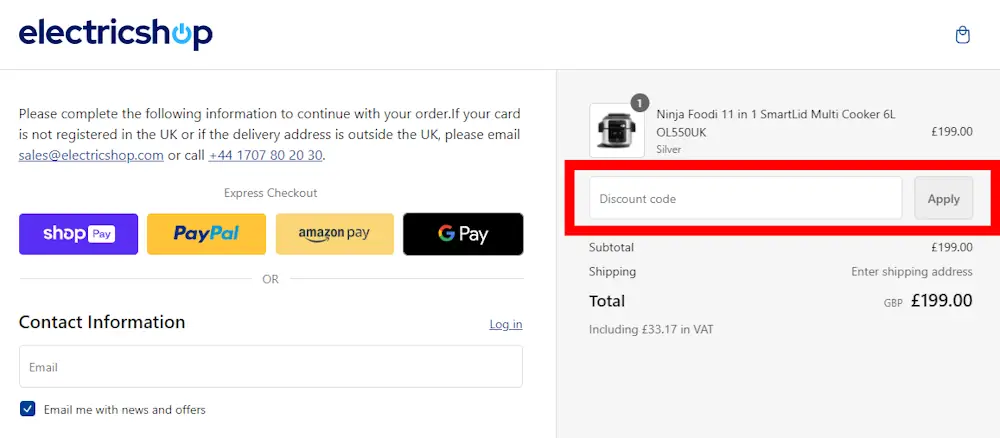 Screenshot how to use electricshop voucher codes on www.electricshop.com