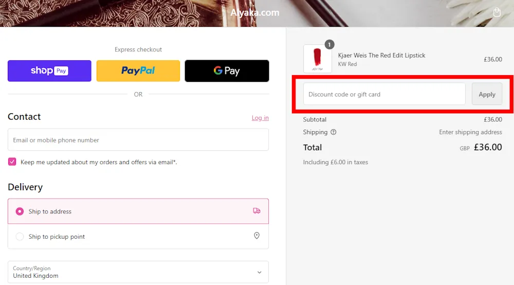Screenshot showing where to apply a Alyaka promo code during checkout on www.alyaka.com.