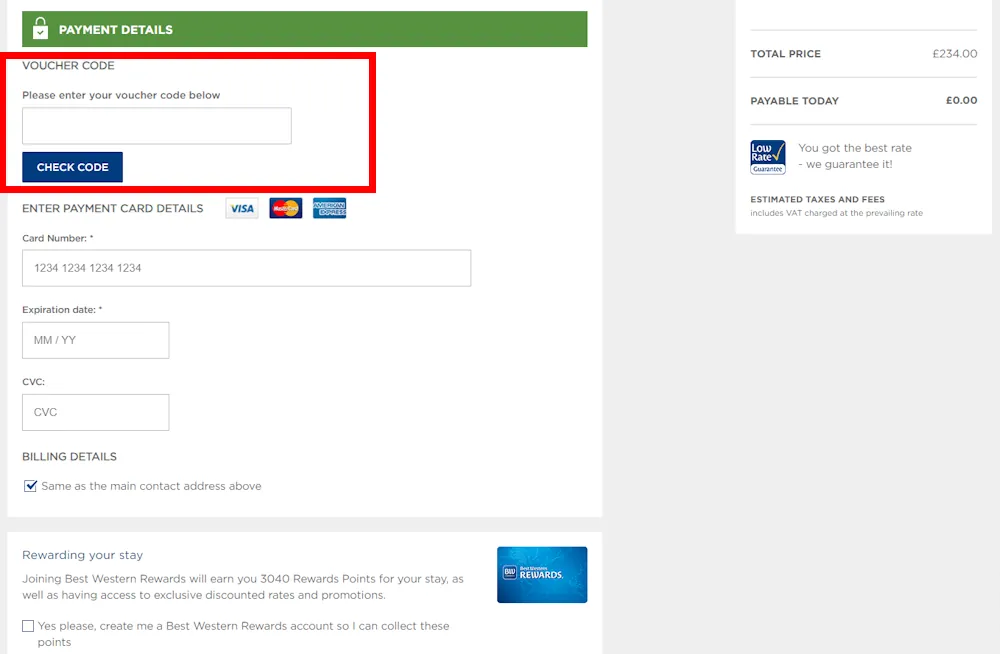 Screenshot showing where to apply a Best Western promo code during checkout on www.bestwestern.co.uk.