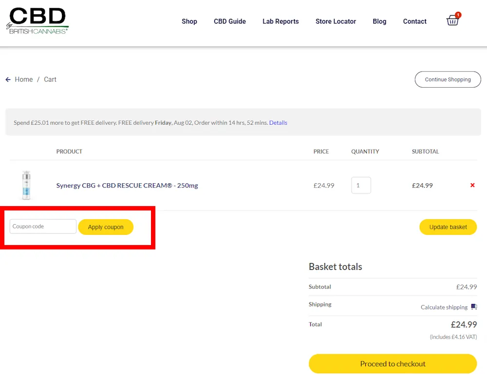 Screenshot showing where to apply a British Cannabis promo code during checkout on britishcannabis.org.